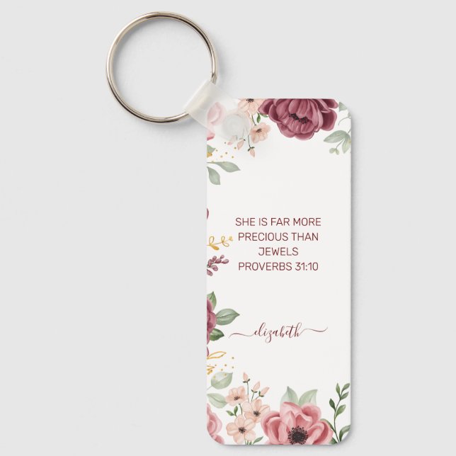 Proverbs 31 Elegant pastel pink flower scripture  Keychain (Front)