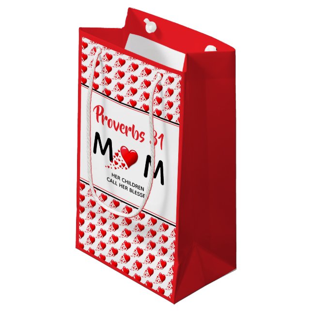 Proverbs 31 Mom Red Hearts Small Gift Bag (Front Angled)