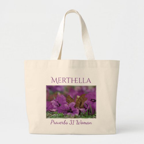 PROVERBS 31 Purple Floral Personalized Photo Large Tote Bag