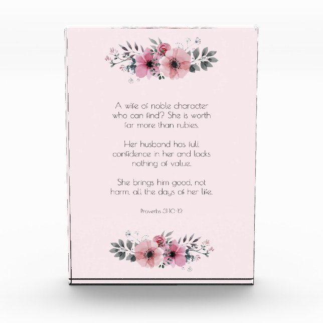 Proverbs 31 Woman Bible Verse with Pink Flowers Photo Block (Front)