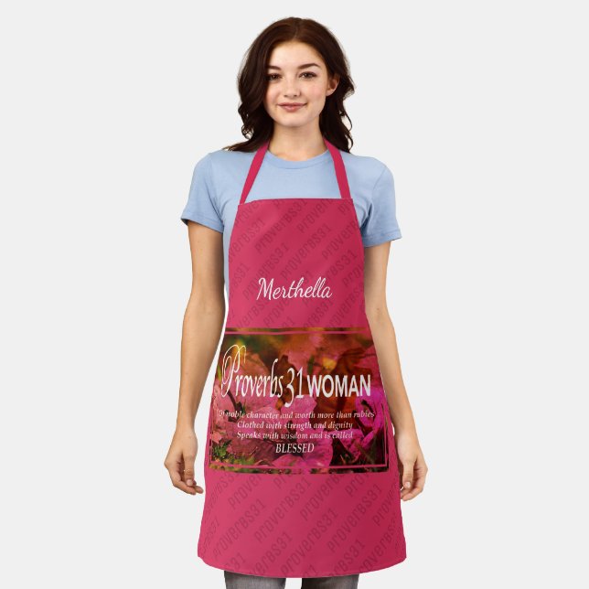 PROVERBS 31 WOMAN | Floral | PINK Personalized Apron (Worn)