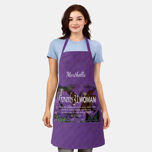 PROVERBS 31 WOMAN | Floral | PURPLE Personalized Apron (Worn)