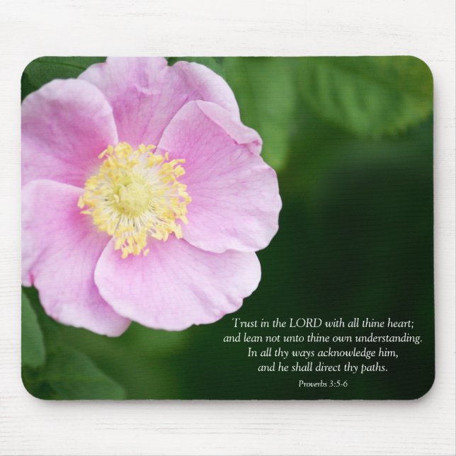 Proverbs 3:5-6 Christian Bible Verse Pink Flower Mouse Pad (Front)