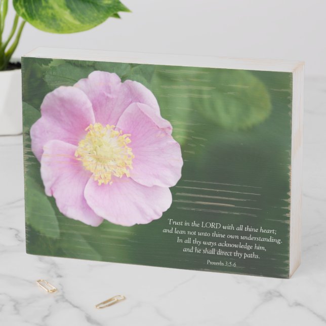 Proverbs 3:5-6 Christian Bible Verse Pink Flower Wooden Box Sign (In Situ Horizontal)