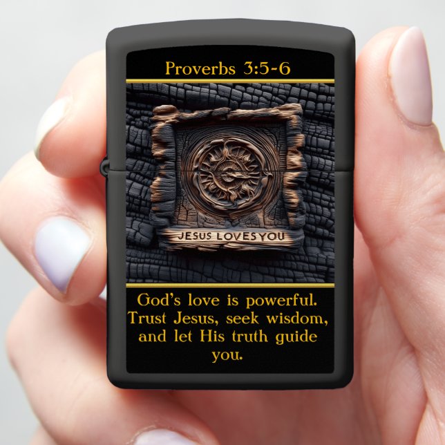 Proverbs 3:5-6 Emotional Burnt Wood Carving Zippo Lighter (In Hand)