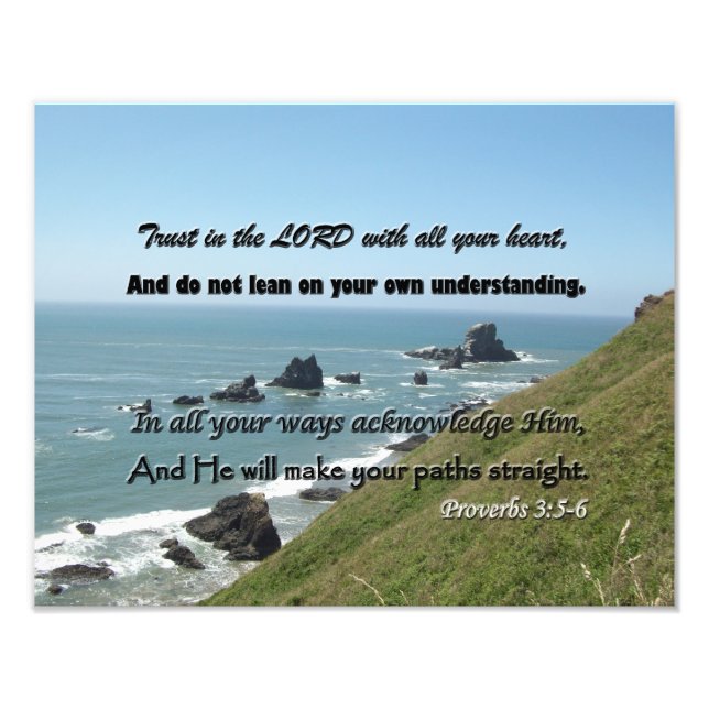 Proverbs 3:5-6 on a Rocky Oregon Coast Background Photo Print (Front)