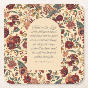 Proverbs 3:5–6 Trust in the Lord Vintage Floral Square Paper Coaster