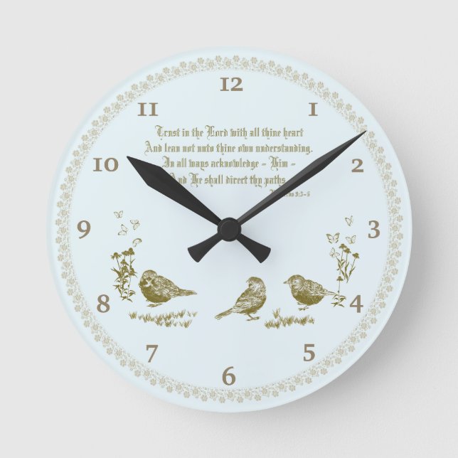 Proverbs 3:5-6 Wall Clock with Birds, Flowers (Front)