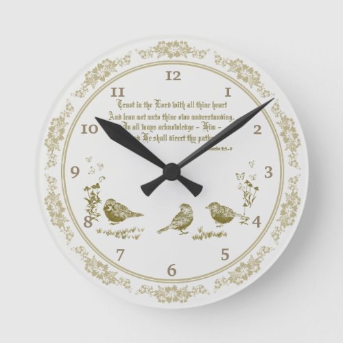 Proverbs 35_6 Wall Clock with Birds Flowers Gray
