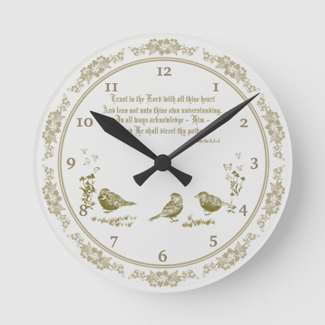 Proverbs 3:5-6 Wall Clock with Birds, Flowers Gray (Front)