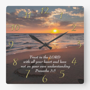 Proverbs 3:5 Christian ocean with a sunset   Square Wall Clock