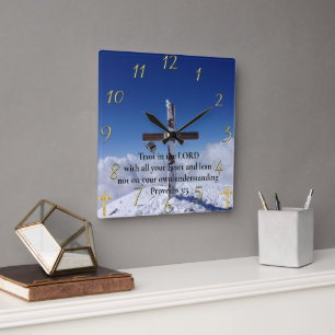 Proverbs 3:5 moutain peak cross square wall clock