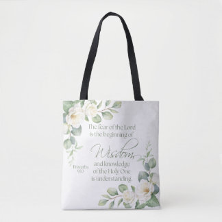 Proverbs 9:10 Eucalyptus White Roses Sage Green Tote Bag