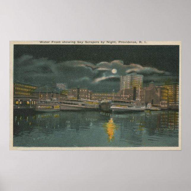 Providence, RI - Night View of City & Waterfront Poster (Front)