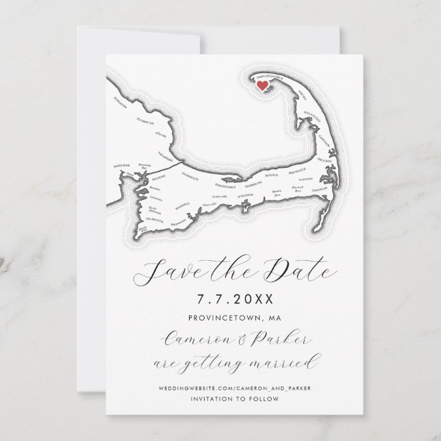 Provincetown MA Cape Cod Map Black White Wedding Save The Date (Front)