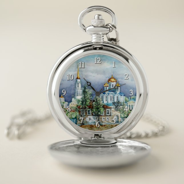 Provincial Small city Zadonsk  aquarelle Pocket Watch (Inside)
