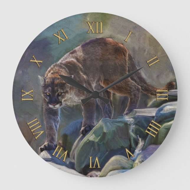 Prowling Cougar Mountain Lion Art Design Large Clock (Front)
