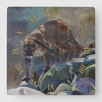 Prowling Cougar Mountain Lion Art Design Square Wall Clock by EarthGifts at Zazzle