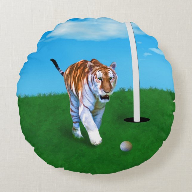 Prowling Tiger and Golf Ball Customizable Round Pillow (Front)
