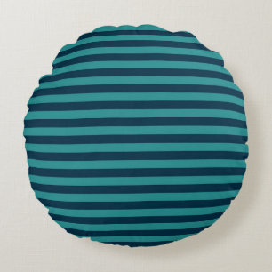 Prussian Blue and Teal Stripes Round Pillow