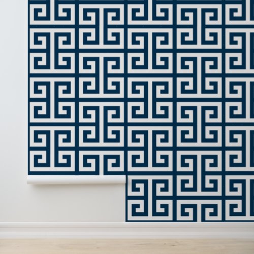 Prussian Blue and White Large Greek Key Wallpaper