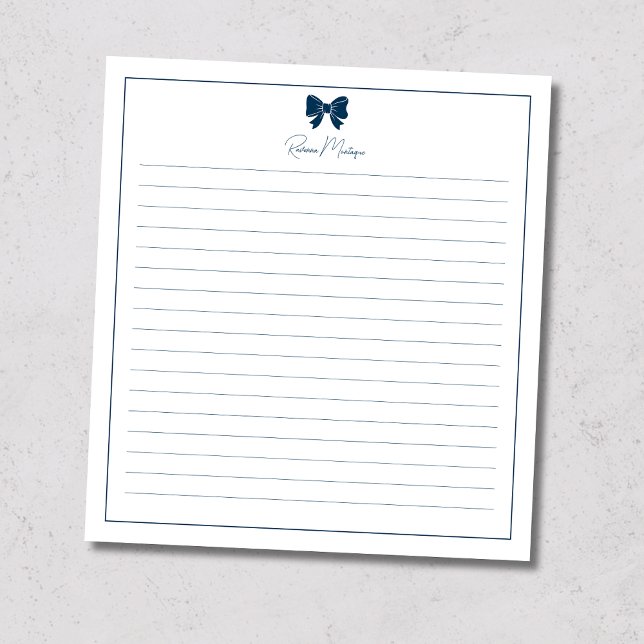 Prussian Blue Bow Border Custom Name Lined Notepad (Creator Uploaded)