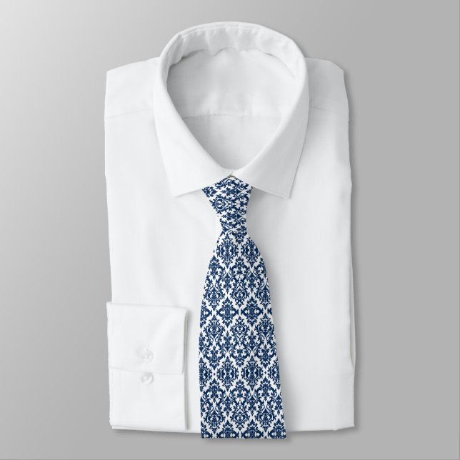 Prussian Blue Damask Pattern Neck Tie (Tied)