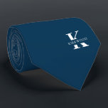 Prussian Blue | Elegant Monogram   Name  One-Sided Neck Tie<br><div class="desc">An elegant one-sided necktie featuring a bold white monogram across a deep Prussian Blue background. On top of this monogram sits your first or last name spelled out in all capitals. If you prefer a bolder look for the personal name inside of the large letter you can do the following:...</div>