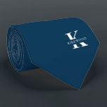 Prussian Blue | Elegant Monogram   Name  One-Sided Neck Tie<br><div class="desc">An elegant one-sided necktie featuring a bold white monogram across a deep Prussian Blue background. On top of this monogram sits your first or last name spelled out in all capitals. If you prefer a bolder look for the personal name inside of the large letter you can do the following:...</div>