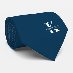 Prussian Blue   Elegant Monogram + Name  One-Sided Neck Tie