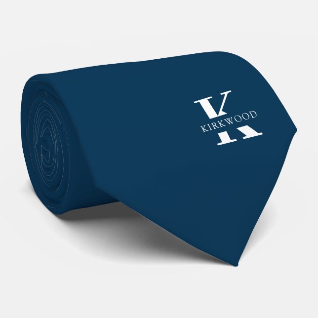 Prussian Blue | Elegant Monogram + Name  One-Sided Neck Tie (Rolled)