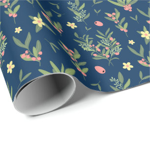 Prussian Blue, Green & Salmon Olive Branch Pattern Wrapping Paper