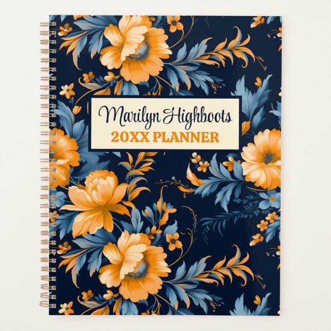 Prussian Blue, Orange, and Mustard Floral Planner (Front)