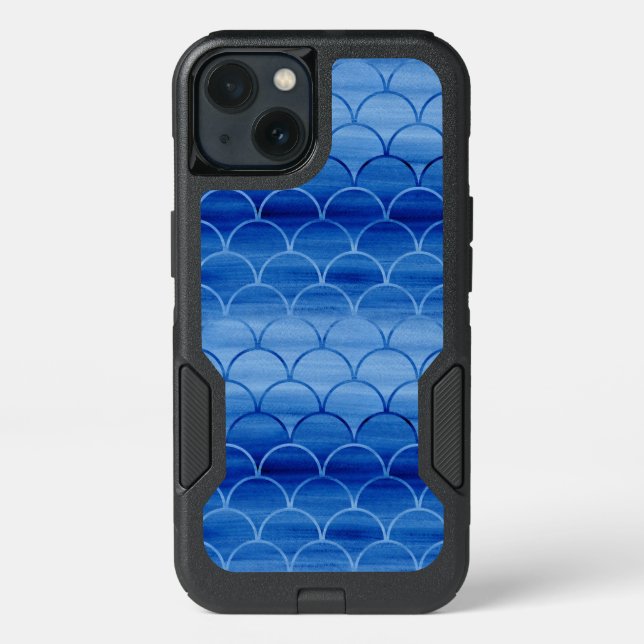 Prussian Blue Watercolor Scale Pattern Otterbox iPhone Case (Back)