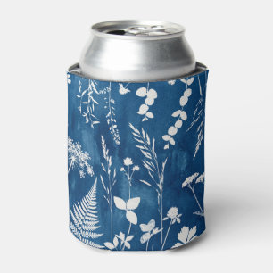 Prussian Indigo Blue Cyanotype Fern Botanical Art Can Cooler