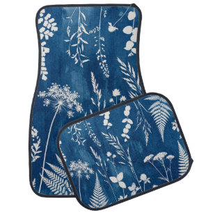 Prussian Indigo Blue Cyanotype Fern Botanical Art Car Floor Mat