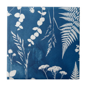 Prussian Indigo Blue Cyanotype Fern Botanical Art Ceramic Tile
