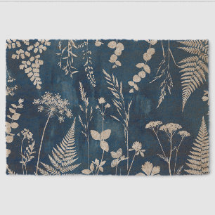 Prussian Indigo Blue Cyanotype Fern Botanical Art Fiber Doormat
