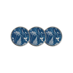 Prussian Indigo Blue Cyanotype Fern Botanical Art Golf Ball Marker