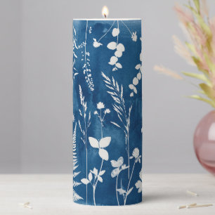 Prussian Indigo Blue Cyanotype Fern Botanical Art Pillar Candle