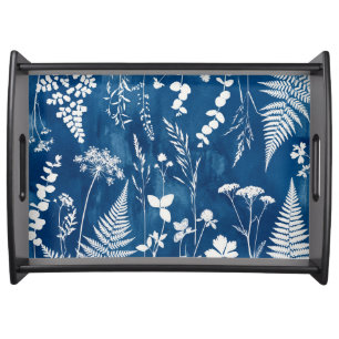Prussian Indigo Blue Cyanotype Fern Botanical Art Serving Tray