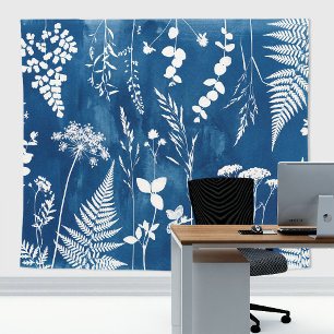 Prussian Indigo Blue Cyanotype Fern Botanical Art Tapestry
