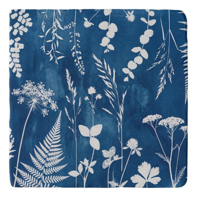 Prussian Indigo Blue Cyanotype Fern Botanical Art Trivet (Front)