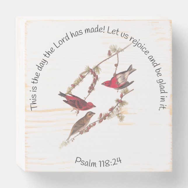 Psalm 118:24 and Three Red Birds Wooden Box Sign (Front Horizontal)