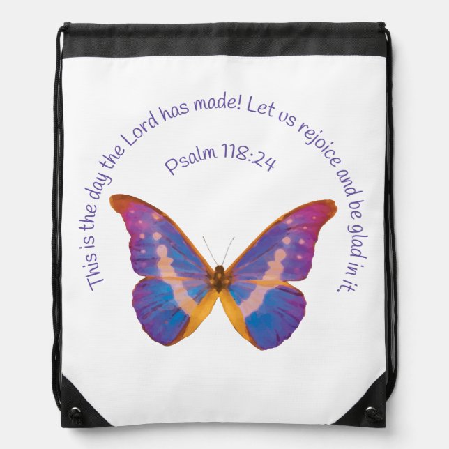 Psalm 118:24 and Watercolor Butterfly Drawstring Bag (Front)