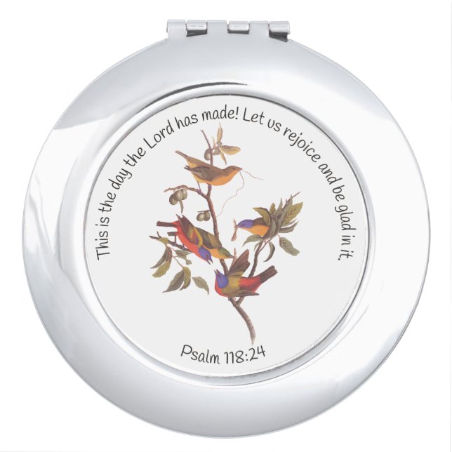 Psalm 118:24 Bible Verse and Painted Bunting Birds Compact Mirror (Front)