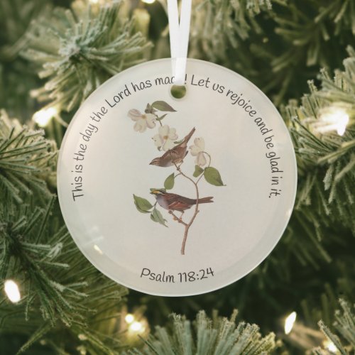 Psalm 11824 Bible Verse and Sparrow Pair Glass Ornament