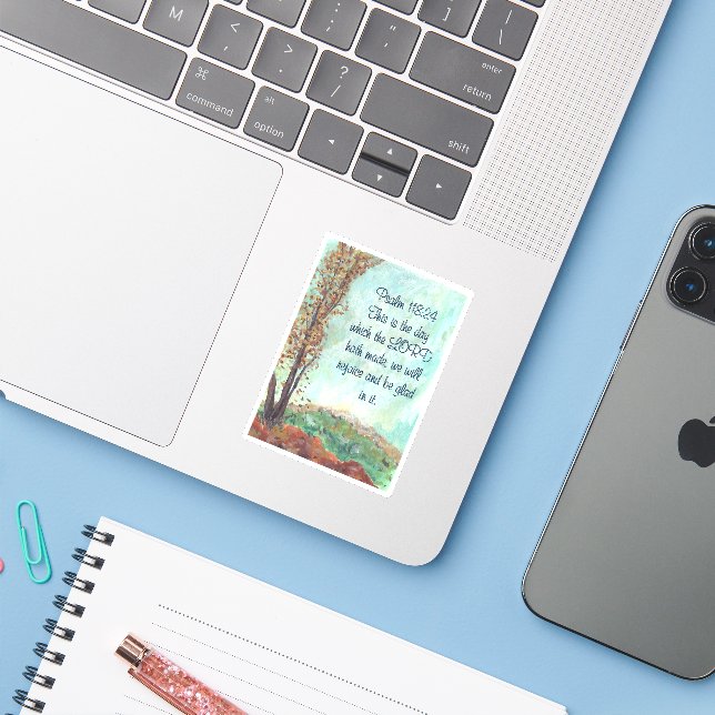 Psalm 118:24 This is the Day Falling Leaves Sticker (Laptop w/ iPhone)