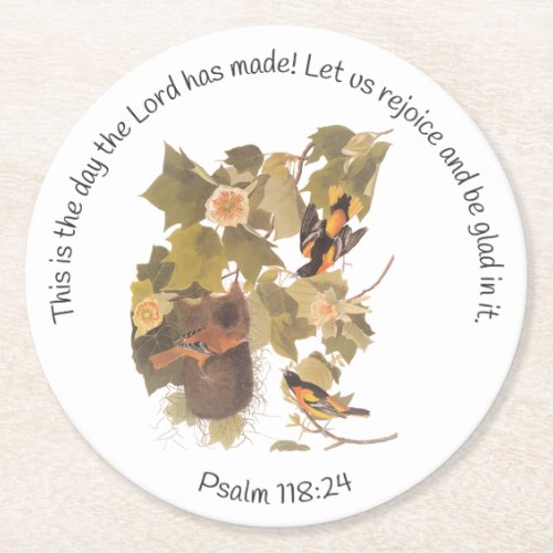 Psalm 11824 with Baltimore Oriole Family Round Paper Coaster