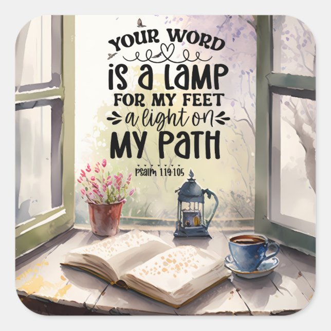 Psalm 119:105 Your Word is a Lamp Bible Verse Square Sticker (Front)